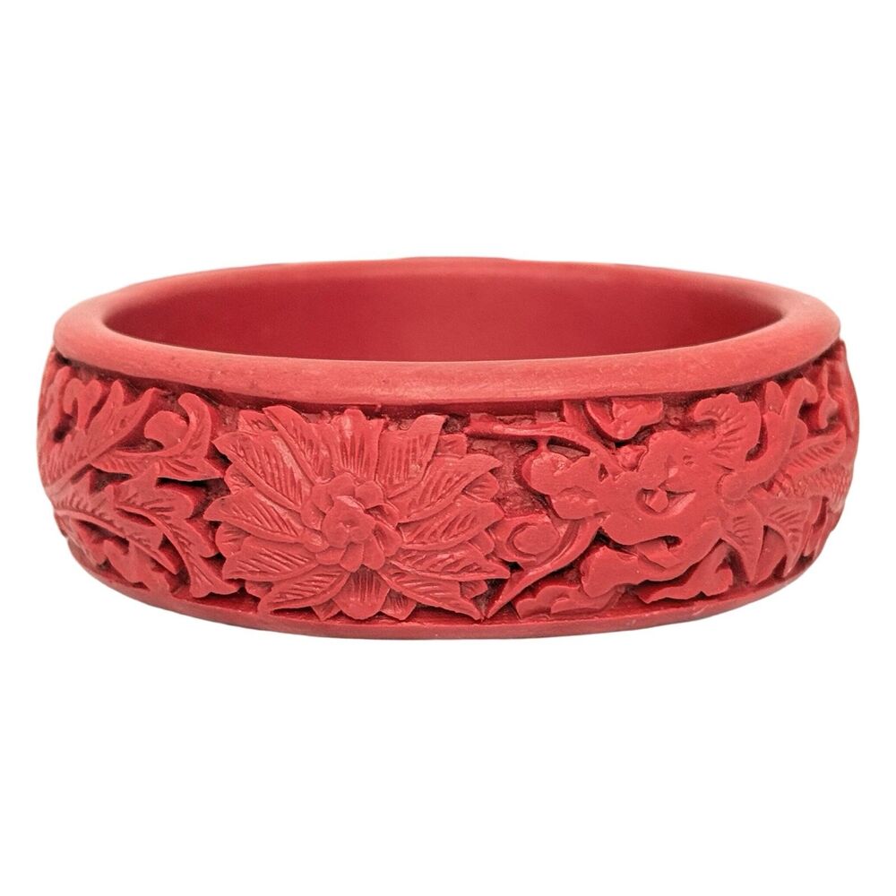 Carved Red Cinnabar Dragon Lotus Flower Bangle Bracelet 7.5in Asian